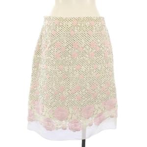 スカート ひざ丈 刺繍 フラワー 44/M 白 ピンク /TK