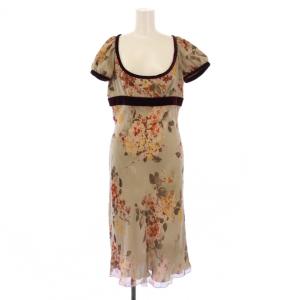 ROMA タイトワンピース ミモレ ロング 半袖 Uネック シアー シースルー 花柄 シルク 42 グレージュ