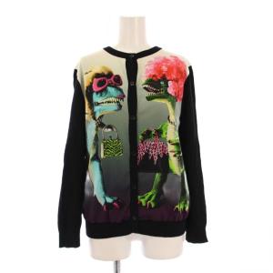 ニットカーディガン 長袖 クルーネック 切替 恐竜柄 ウール 黒 ブラック /BB