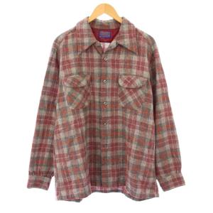 70's ヴィンテージ カジュアルシャツ 長袖 オープンカラー ウール チェック柄 XL グレー 赤 レッド