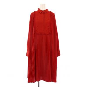 フレアワンピース ミモレ ロング 長袖 レギュラーカラー プリーツ レース 切替 ワンカラー 38 赤