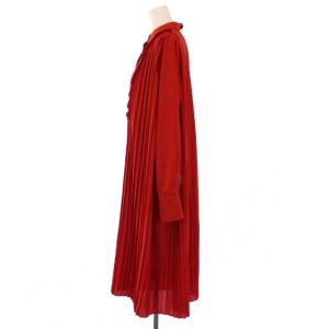 CELFORD フレアワンピース ミモレ ロング 長袖 レギュラーカラー プリーツ レース 切替 ワンカラー 38 赤