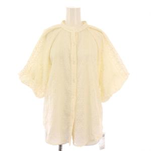 シャツ ブラウス 半袖 バンドカラー パフスリーブ 刺繍 ワンカラー F アイボリー タグ付き /BB