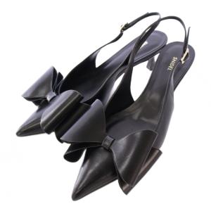 ダブルリボンパンプス ストラップ ポインテッドトゥ ローヒール 装飾 レザー ワンカラー 23.5cm