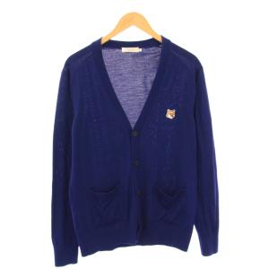 11周年 フォックスヘッドパッチカーディガン ニット 長袖 Vネック ワンポイント ウール L 紺 ネイビー