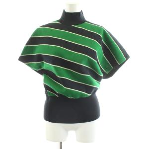 ニット セーター 半袖 ハイネック ボーダー柄 カシミヤ混 34 緑 グリーン 黒 ブラック /AN43