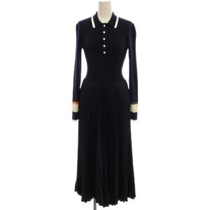 ニット ポロシャツ ワンピース ロング プリーツ 長袖 XS ネイビー 紺 /G