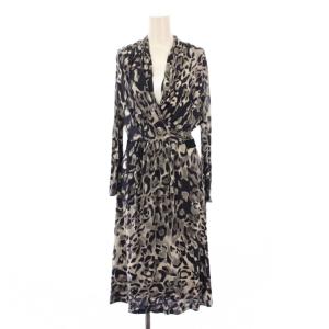 タイトワンピース ミモレ ロング Vネック ドレープ 長袖 ストレッチ 総柄 42 紺 ネイビー グレー