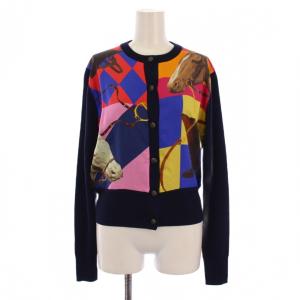 ニット カーディガン 長袖 クルーネック 柄 ウール シルク S 紺 マルチカラー /BM