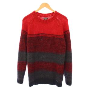 ニット セーター クルーネック 長袖 ボーダー柄 モヘヤ混 ウール混 M 赤 レッド 黒 ブラック グレー