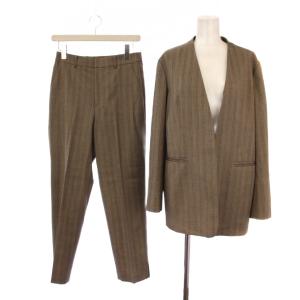 セットアップ 上下 ノーカラージャケット 総裏地 パンツ ジップフライ ストライプ柄 ウール 2 ベージュ