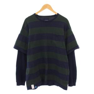 Tシャツ ロンT 長袖 クルーネック フェイクレイヤード ボーダー柄 バイカラー 3 紺 ネイビー 緑