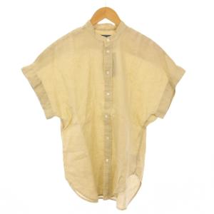 リネンショートスリーブシャツ ブラウス 半袖 フレンチスリーブ バンドカラー 無地 ワンカラー 0 ベージュ