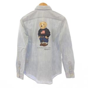ポロベア デニムシャツ カジュアル 長袖 パックプリント USED加工 XS 水色 ライトブルー タグ付き