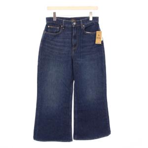 ハイライズワイドレッグジーンズ デニムパンツ ジップフライ ロゴパッチ USED加工 27S インディゴ