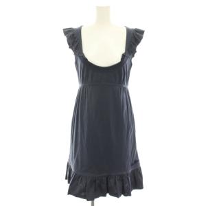 ワンピース ひざ丈 半袖 フレンチスリーブ フリル ロゴ刺繍 36 紺 ネイビー /YT