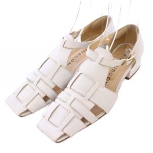 グルカサンダル ストラップ スクエアトゥ チャンキーヒール ローヒール レザー 37 白 ホワイト /BB