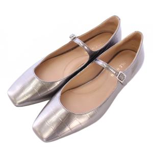 ストラップパンプス スクエアトゥ ローヒール クロコ型押し レザー ワンカラー 6B シルバーカラー /BB