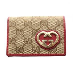 GGキャンバス ラブリーハート カードケース ミニウォレット 財布 小銭入れ ベージュ 赤 レッド /SS