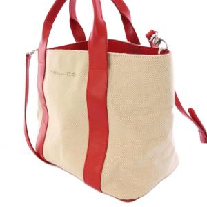 PELLICO 2WAY ハンドバッグ ショルダーバッグ キャンバス レザー バイカラー ロゴ ベージュ 赤 レッド /BB