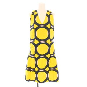 フレアワンピース ひざ丈 ノースリーブ Vネック 総柄 36 黄色 イエロー /BB