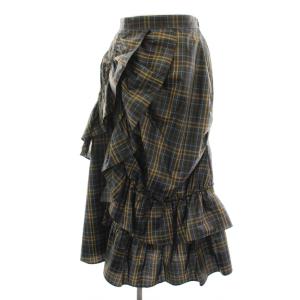 チェックラッフルティアードスカート ミモレ ロング 変形 F 茶 ブラウン ベージュ 水色 ライトブルー