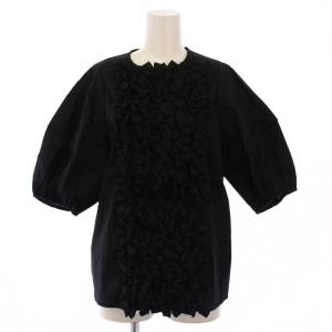 フリルバルーンスリーブブラウス シャツ プルオーバー 半袖 クルーネック ワンカラー ストレッチ F 黒