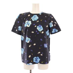 シャツ ブラウス プルオーバー 半袖 クルーネック 花柄 総柄 36 紺 ネイビー /BB