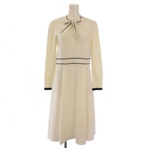 フレアワンピース ミモレ ロング ニット 長袖 ストレッチ リボン 38 白 ホワイト /BB