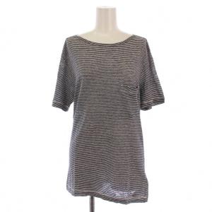 Tシャツ カットソー 半袖 クルーネック ボーダー柄 リネン M 黒 /BM