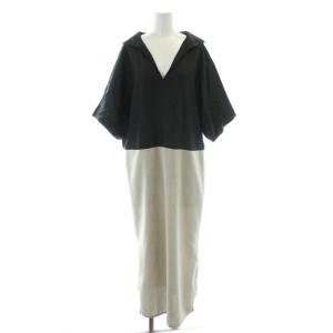 ワンピース ロング 半袖 黒 ブラック ベージュ 切替 /AP