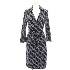 ラップワンピース ひざ丈 総柄 絹 シルク 七分袖 2 紺 ネイビー 404-140004 /HN