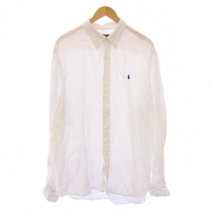 ボタンダウンシャツ カジュアル 長袖 レギュラーカラー ロゴ ワンポイント 麻 リネン XXL 白 ホワイト