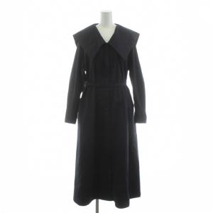 コットンストレッチブロードワンピース フレア ロング マキシ 長袖 ビックカラー ベルト付き 36 紺