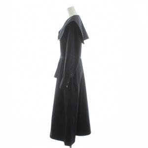 ADORE コットンストレッチブロードワンピース フレア ロング マキシ 長袖 ビックカラー ベルト付き 36 紺