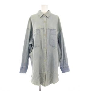 24SS ブリーチデニムルーズシャツ ブラウス 長袖 レギュラーカラー ストレッチ 無地 F 水色 ライトブルー