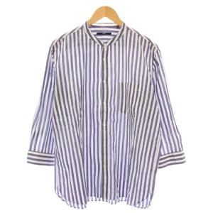 カジュアルシャツ 七分袖 バンドカラー ストライプ柄 バイカラー 麻 リネン混 L 青 ブルー 白 ホワイト