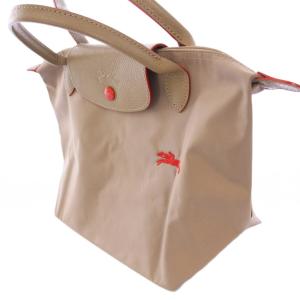 Longchamp ル プリアージュ トートバッグ ハンドバッグ ナイロン レザー ロゴ 刺繍 ワンポイント バイカラー グレージュ