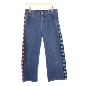 デニムパンツ ジーンズ ワイド ジップフライ ストレッチ サイドライン ロゴ W27 青 ブルー /BB