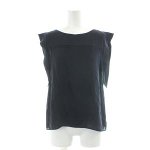 ブラウス 絹 シルク 38 紺 ネイビー ラウンドネック フレンチスリーブ 肩フリル /AP