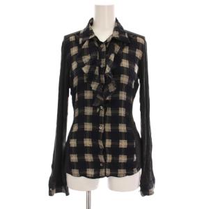 シャツ ブラウス フリル チェック 長袖 S グレー 黒 ベージュ 59160113080 /YM