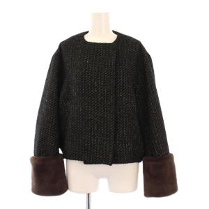 24AW 2WAYファーショートコート ノーカラー アウター ツイード フェイクファー ウール混 F 黒