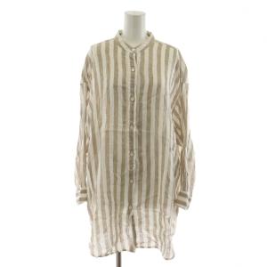 24SS ストライプフレンチリネンチュニック シャツ ブラウス 長袖 麻 リネン F 白 ホワイト ベージュ