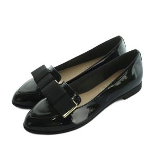 パンプス エナメル ローヒール リボン 23.5cm 黒 ブラック /MI