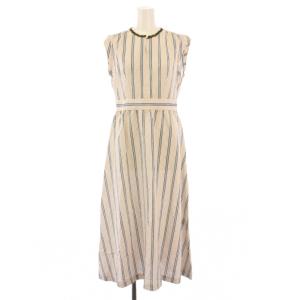 シャツワンピース フレア ミモレ ロング ノースリーブ バンドカラー ストライプ柄 36 ベージュ /BB