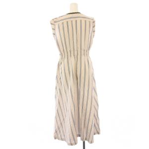 OLD ENGLAND シャツワンピース フレア ミモレ ロング ノースリーブ バンドカラー ストライプ柄 36 ベージュ /BB