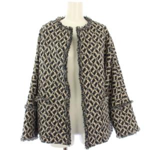 ＆NAVY GIOLICAジャガードジャケット ノーカラージャケット ツイード 36 ベージュ ネイビー