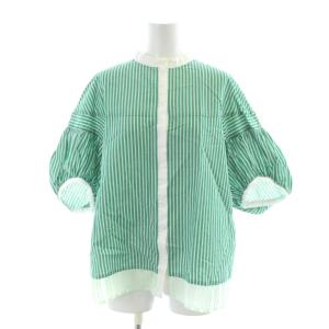 ブラウス 38 緑 グリーン ストライプ柄 ノーカラー パフスリーブ 七分袖 /AP