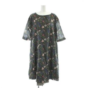 ワンピース M 黒 ブラック カーキ 花柄 ラウンドネック 七分袖 /AP