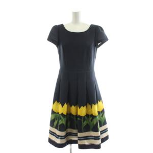 ワンピース ひざ丈 半袖 チューリップ 38 紺 ネイビー 黄 イエロー PM-811331 /AN30